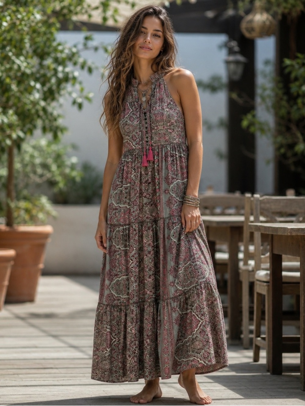 Zenobia Boho Halter Maxi Dress in Dusty Rose and Sage TU Tall One Size